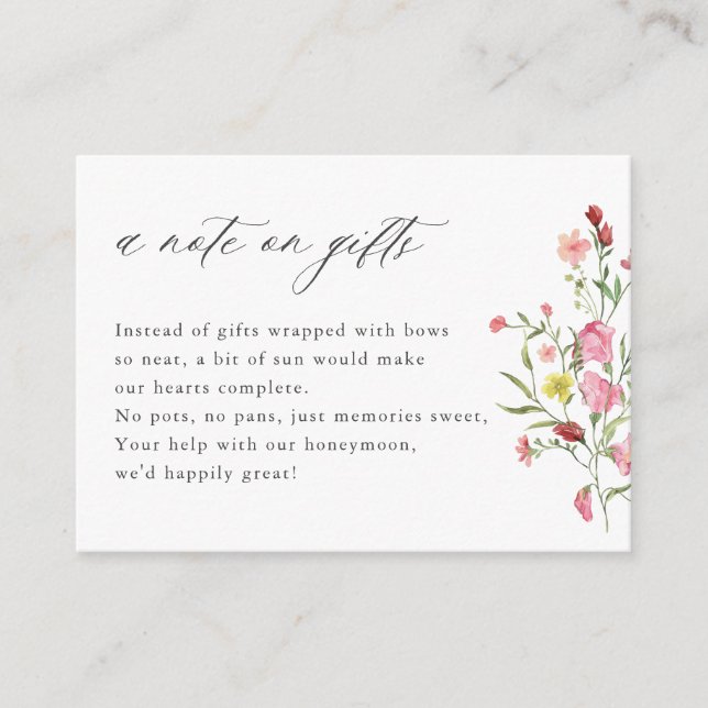 A Note On Gifts Honeymoon Fund Wildflower Wedding Enclosure Card (Front)