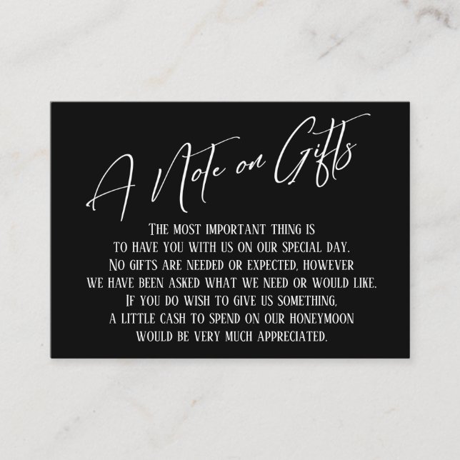 A Note on Gifts Modern Handwriting Black & White Enclosure Card (Front)