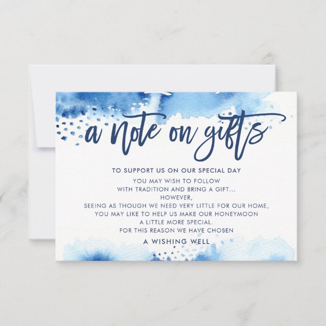 A NOTE ON GIFTS stylish navy blue watercolor Invitation (Front)