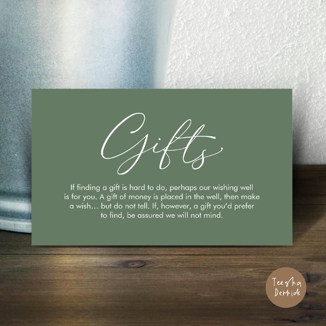 A note on gifts, wedding honeymoon wish enclosure card (A note on gifts, wedding honeymoon wish, fund, enclosure card, modern romantic, Greenery Sage Green)
