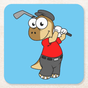 A Pachycephalosaurus Dinosaur Playing Golf. Square Paper Coaster