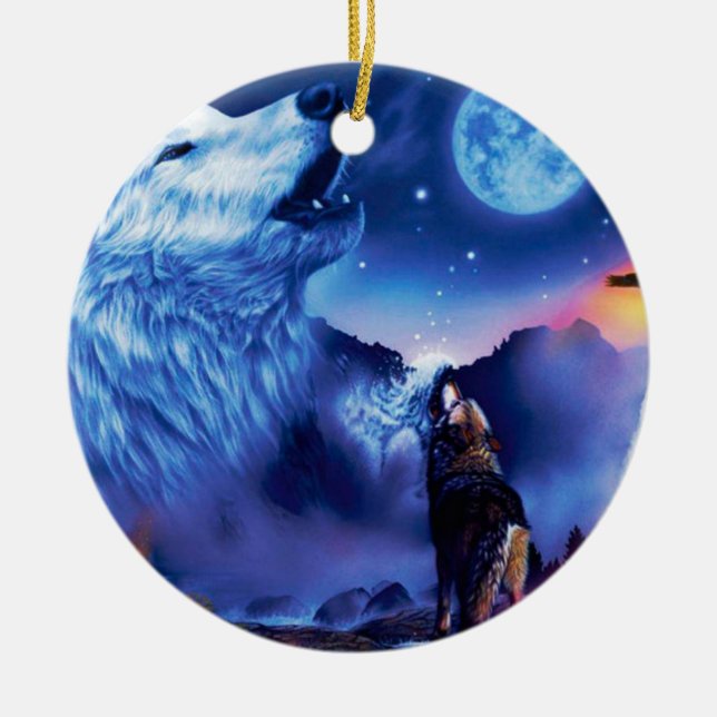A pack of wolves on a dark night ceramic ornament (Front)