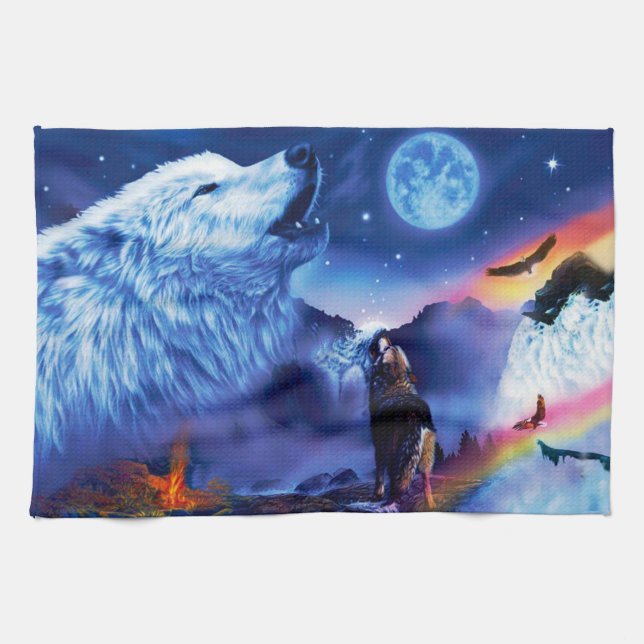 A pack of wolves on a dark night kitchen towel (Horizontal)