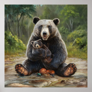A painting of a bear tenderly holding a baby bear poster