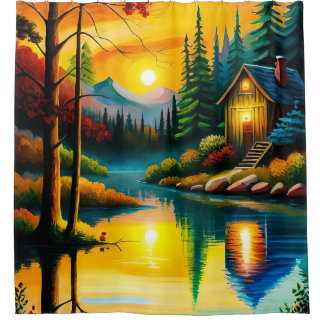 a painting of a cabin by a lake at sunset