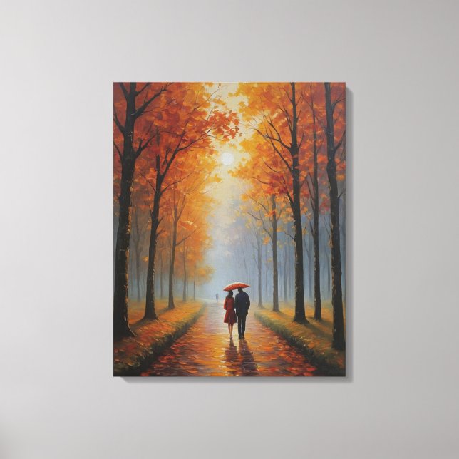 a painting of a couple walking on a path with tree canvas print (Front)