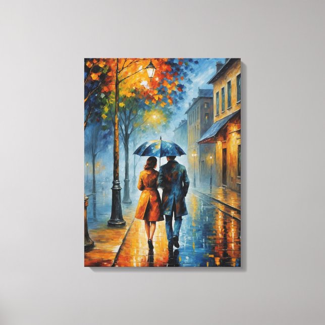 a painting of a couple walking on a rainy street  canvas print (Front)