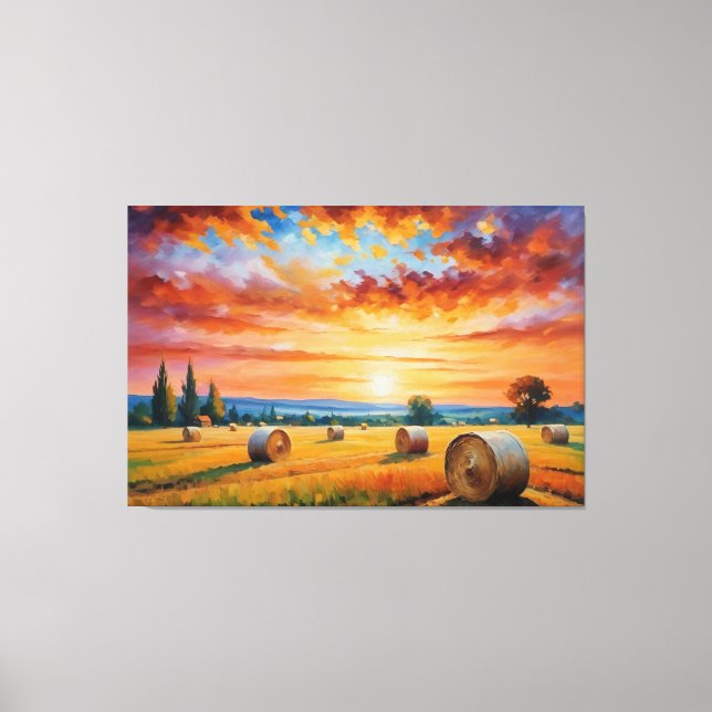 a painting of a field with hay bales canvas print (Front)