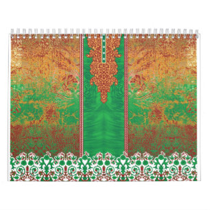 a painting of a green field with an orange border calendar