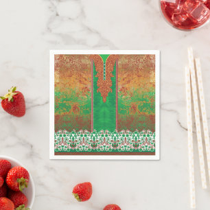 a painting of a green field with an orange border napkin