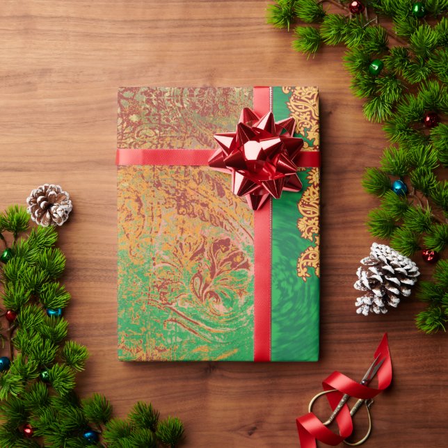 a painting of a green field with an orange border wrapping paper (Holiday Gift)