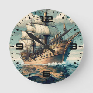 A Painting Of A Ship With The Sails Down-56350 Round Clock