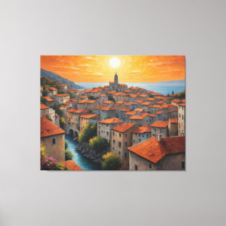 a painting of a town with red roofs canvas print