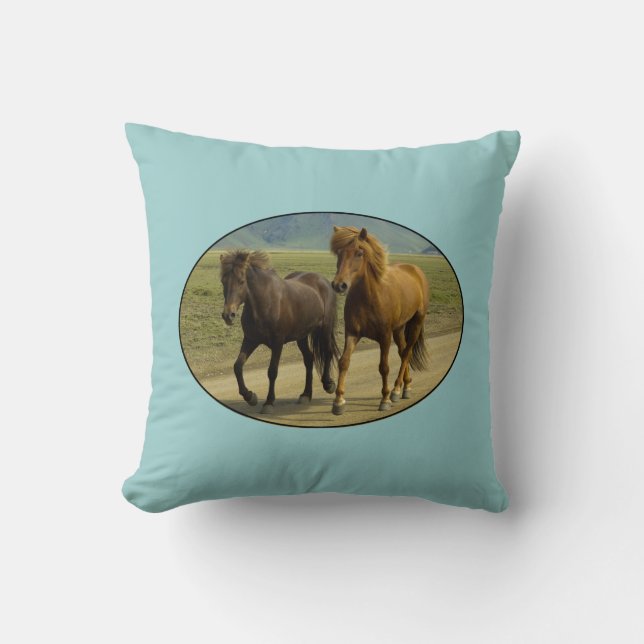 A Pair of Brown Icelandic Ponies Throw Pillow (Front)