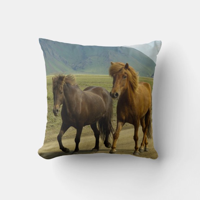 A Pair of Brown Icelandic Ponies Throw Pillow (Front)