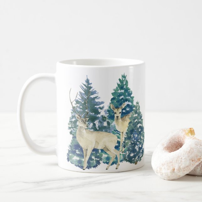 A Pair Of Deer In The Winter Forest Coffee Mug (With Donut)