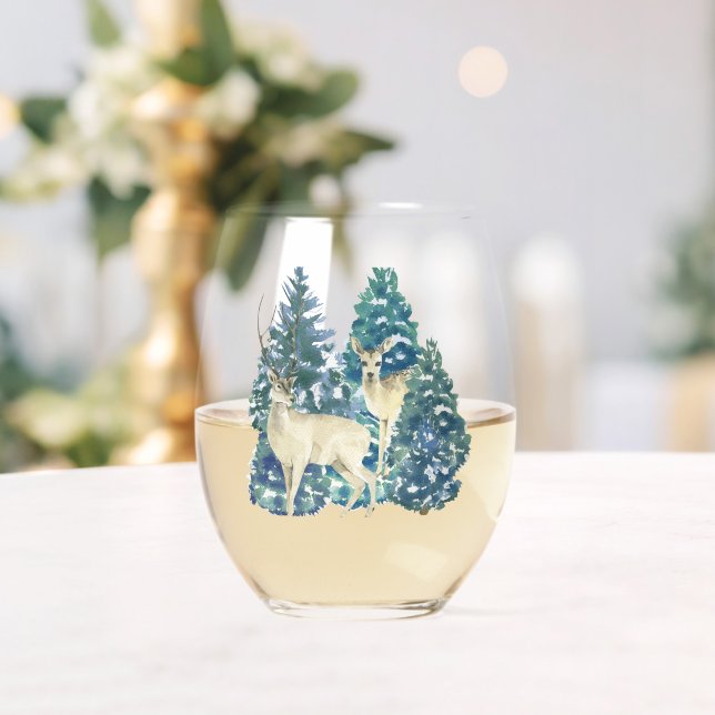 A Pair Of Deer In The Winter Forest Stemless Wine Glass (Insitu (Wedding))