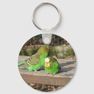 A Pair of Green Budgies on a wooden bench Keychain