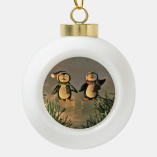A Pair of Penguins Ceramic Ball Christmas Ornament