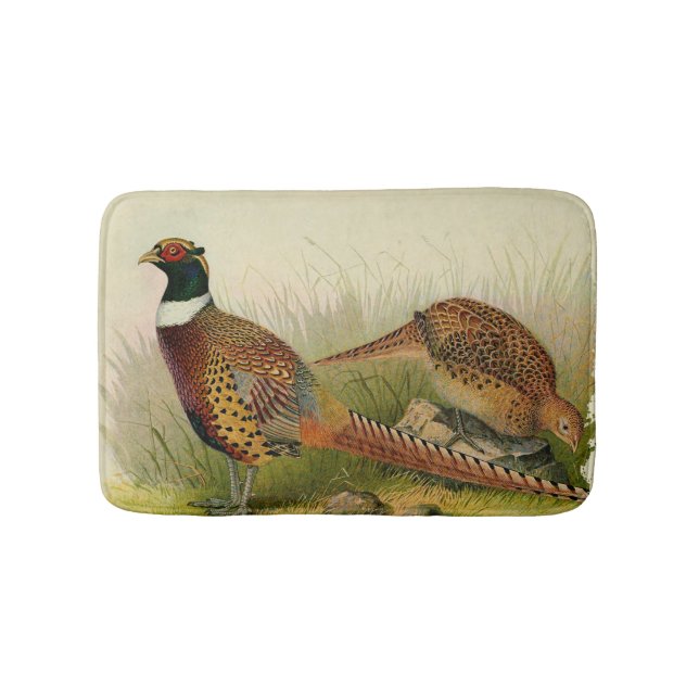 A pair of Ring necked pheasants in a grassy field Bath Mat (Front)