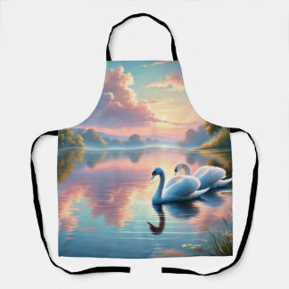 A pair of swans gliding on a serene lake apron