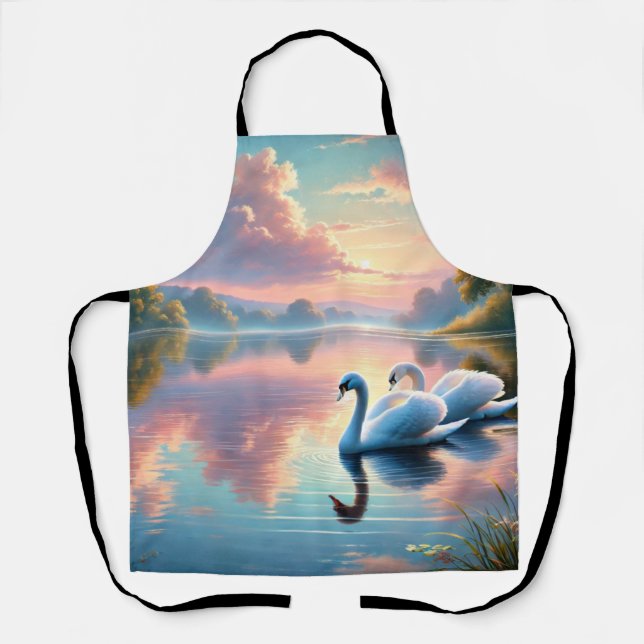 A pair of swans gliding on a serene lake apron (Front)