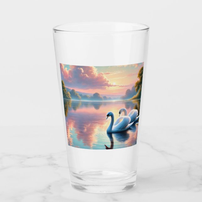 A pair of swans gliding on a serene lake glass (Front)