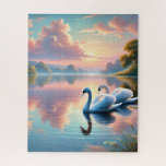 A pair of swans gliding on a serene lake jigsaw puzzle<br><div class="desc">Serene and elegant,  this artwork captures a pair of swans gliding gracefully across a tranquil lake at sunset. Ideal for nature-inspired decor or romantic gift ideas.</div>