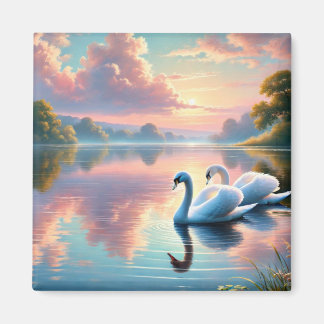 A pair of swans gliding on a serene lake magnet