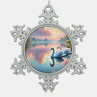 A pair of swans gliding on a serene lake snowflake pewter christmas ornament