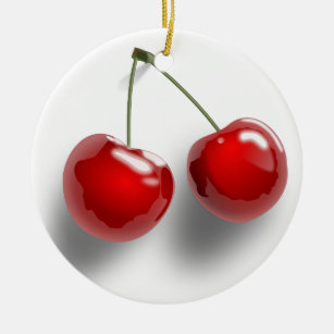 A Pair of Two Red Shinny Cherries on Their Stem Ceramic Ornament