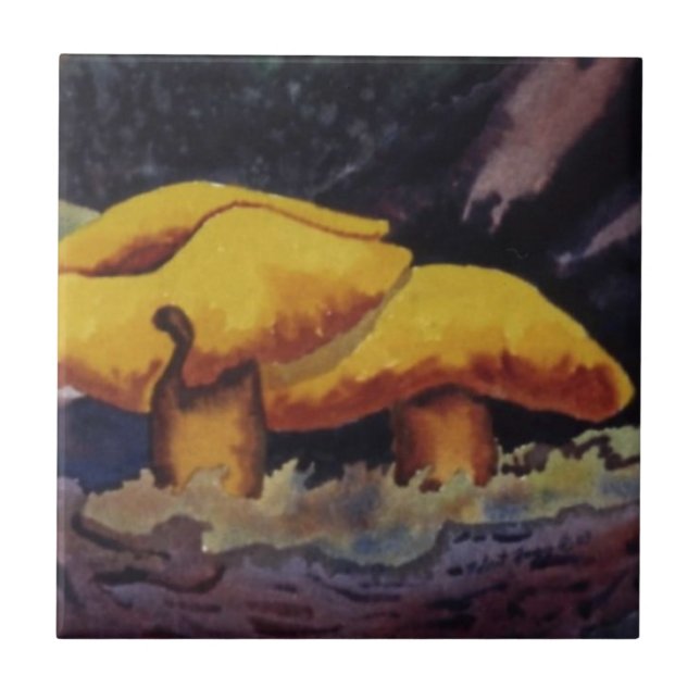 A pair of yellow mushroom ceramic tile. tile (Front)