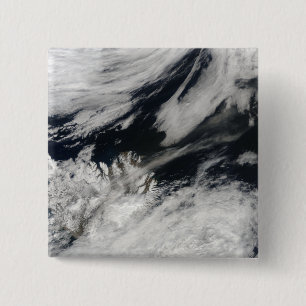 A pale grey ash plume blows from the summit 2 inch square button