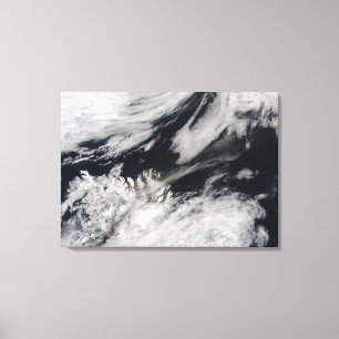 A pale grey ash plume blows from the summit canvas print