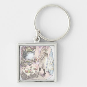 a pale illustration of a woman standing in front o keychain