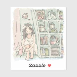 a pale woman's illustration sitting beside a shelf