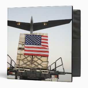 A pallet containing humanitarian relief supplie binder