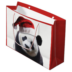 A Panda Bear in a Santa Claus Hat Large Gift Bag