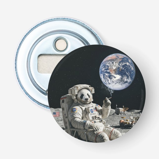 A panda smoking a cigarette on the moon bottle opener (Front)