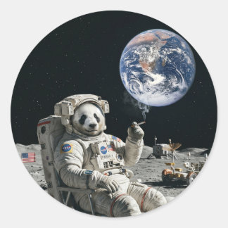 A panda smoking a cigarette on the moon classic round sticker