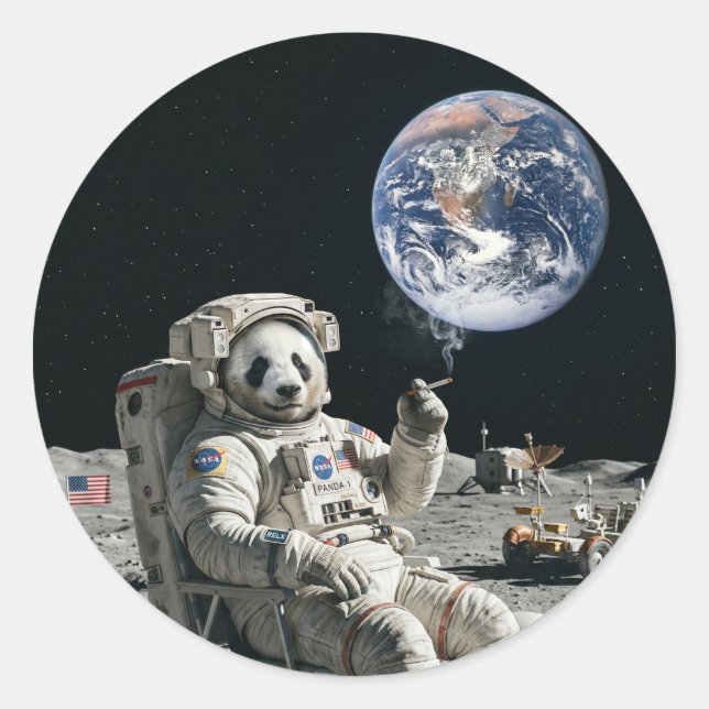 A panda smoking a cigarette on the moon classic round sticker (Front)
