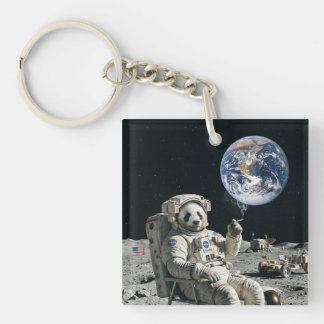 A panda smoking a cigarette on the moon keychain