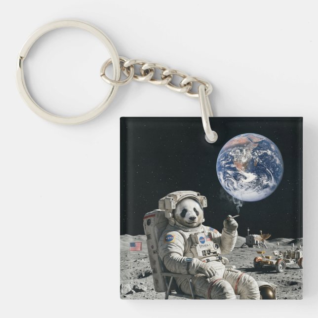 A panda smoking a cigarette on the moon keychain (Front)