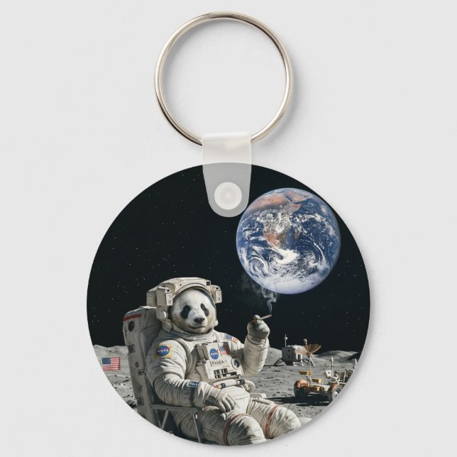 A panda smoking a cigarette on the moon keychain (Front)