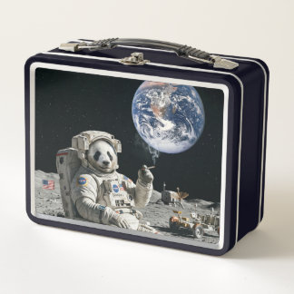 A panda smoking a cigarette on the moon metal lunch box