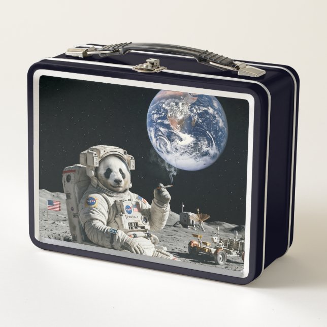 A panda smoking a cigarette on the moon metal lunch box (Front)