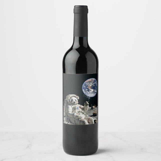 A panda smoking a cigarette on the moon wine label (Front)