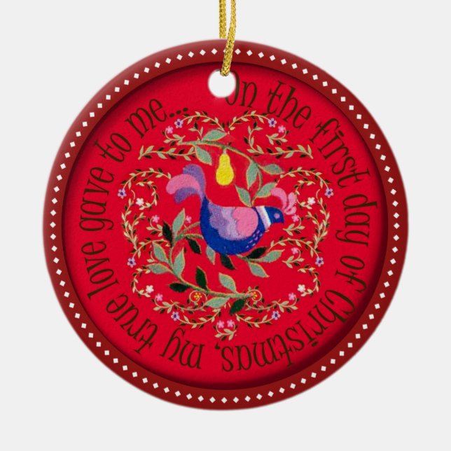A partridge in a pear tree ceramic ornament (Front)