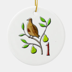A partridge in a pear tree ceramic ornament