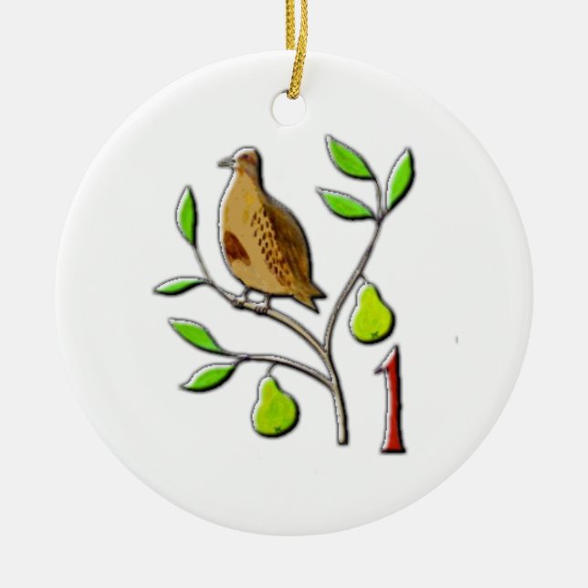 A partridge in a pear tree ceramic ornament (Front)